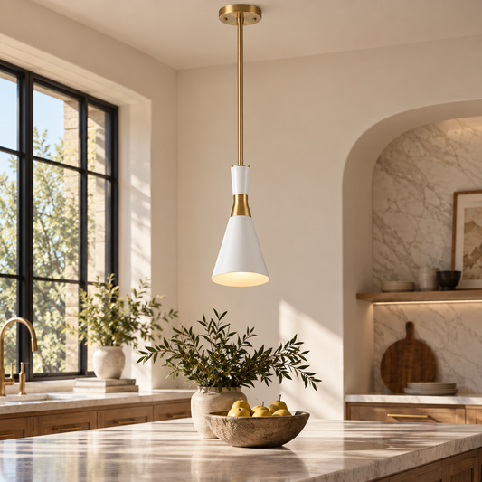 Mid-Century White & Antique Brass Pendant Light