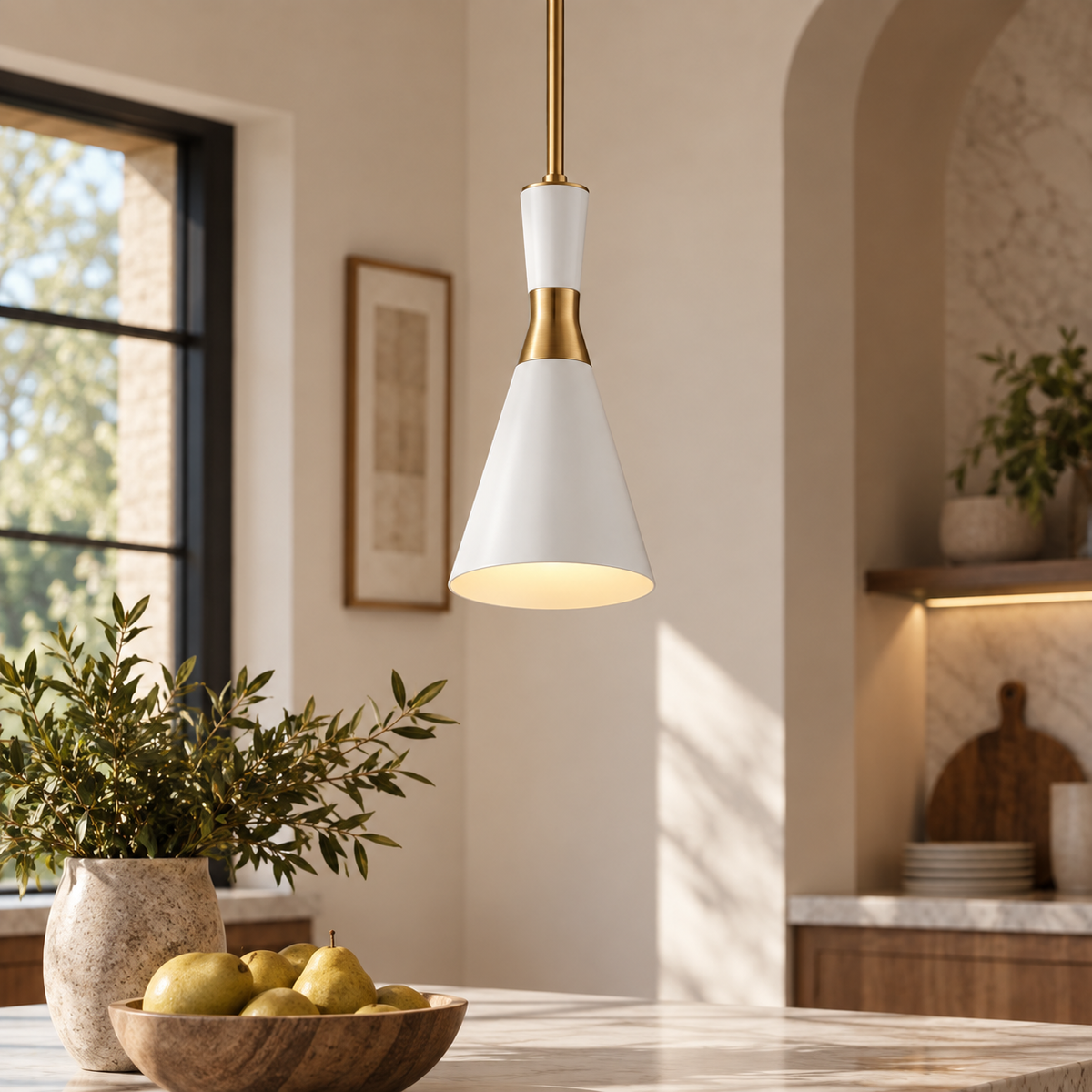 Mid-Century White & Antique Brass Pendant Light