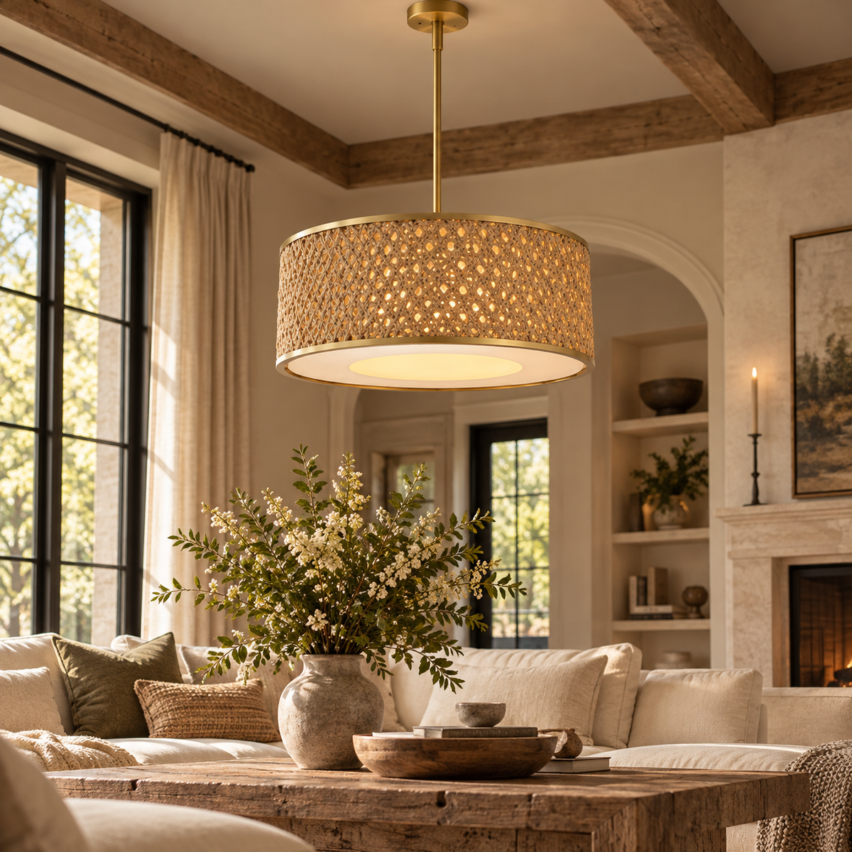 Four-Light Woven Rattan Pendant